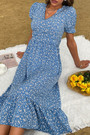 Summer New Stylish Inelastic Floral Batch Printing Short Sleeves V-Neck Ruffle Button Casual Midi Dress