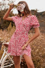 Summer New Stylish Inelastic Floral Batch Printing V-Neck Frill Crimped Lace-Up Casual Mini Dress