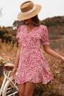 Summer New Stylish Inelastic Floral Batch Printing V-Neck Frill Crimped Lace-Up Casual Mini Dress