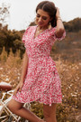 Summer New Stylish Inelastic Floral Batch Printing V-Neck Frill Crimped Lace-Up Casual Mini Dress
