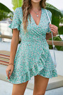 Summer New Stylish Inelastic Floral Batch Printing V-Neck Ruffle Lace-Up Irregular Fresh Casual Mini Dress