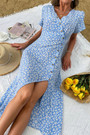 Summer New Stylish Inelastic Floral Batch Printing V-Neck Single-Breasted Back Zip-Up Split Casual Midi Dress