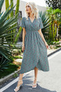 Summer New Stylish Inelastic Floral Batch Printing V-Neck Waist Split Casual Midi Dress