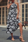 Summer New Stylish Inelastic Floral Printing Halter-Neck Lace-Up Backless Zip-Up Sexy Midi Dress