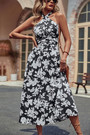 Summer New Stylish Inelastic Floral Printing Halter-Neck Lace-Up Backless Zip-Up Sexy Midi Dress