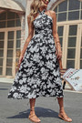 Summer New Stylish Inelastic Floral Printing Halter-Neck Lace-Up Backless Zip-Up Sexy Midi Dress