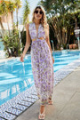 Summer New Stylish Inelastic Flower Batch Printing Hollow V-Neck High Split Sexy Maxi Dress