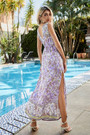 Summer New Stylish Inelastic Flower Batch Printing Hollow V-Neck High Split Sexy Maxi Dress