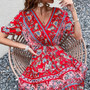 Summer New Stylish Inelastic Flower Batch Printing Lace-Up V-Neck Short Sleeves Casual Mini Dress
