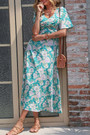 Summer New Stylish Inelastic Flower Batch Printing Short Sleeves V-Neck Zip-Up Casual Midi Dress
