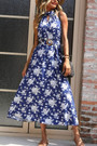 Summer New Stylish Inelastic Flower Batch Printing Sleeveless Button With Belt Casual Midi Dress