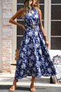 Summer New Stylish Inelastic Flower Batch Printing Sleeveless Button With Belt Casual Midi Dress