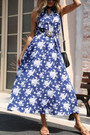 Summer New Stylish Inelastic Flower Batch Printing Sleeveless Button With Belt Casual Midi Dress
