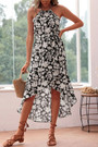 Summer New Stylish Inelastic Flower Batch Printing Sleeveless Halter-Neck Irregular Casual Midi Dress With Belt