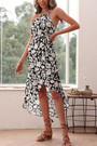Summer New Stylish Inelastic Flower Batch Printing Sleeveless Halter-Neck Irregular Casual Midi Dress With Belt