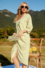 Summer New Stylish Inelastic Flower Batch Printing V-Neck Drawstring Split Three-Quarter Sleeves Casual Midi Dress