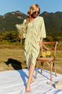Summer New Stylish Inelastic Flower Batch Printing V-Neck Drawstring Split Three-Quarter Sleeves Casual Midi Dress