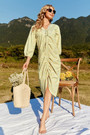 Summer New Stylish Inelastic Flower Batch Printing V-Neck Drawstring Split Three-Quarter Sleeves Casual Midi Dress