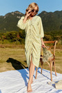 Summer New Stylish Inelastic Flower Batch Printing V-Neck Drawstring Split Three-Quarter Sleeves Casual Midi Dress