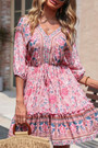 Summer New Stylish Inelastic Flower Batch Printing V-Neck Lace-Up Backless Casual Mini Dress