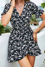 Summer New Stylish Inelastic Flower Batch Printing V-Neck Ruffle Lace-Up Irregular Fresh Casual Mini Dress