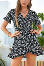 Summer New Stylish Inelastic Flower Batch Printing V-Neck Ruffle Lace-Up Irregular Fresh Casual Mini Dress