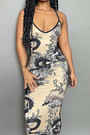 Summer New Stylish Irregular Printing Low-Cut Backless Stretch Slim Sling Sexy Maxi Dress