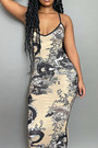 Summer New Stylish Irregular Printing Low-Cut Backless Stretch Slim Sling Sexy Maxi Dress