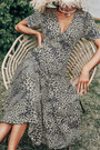 Summer New Stylish Leopard Print V-Neck High Slit Short Sleeve Sexy Midi Dress