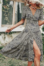 Summer New Stylish Leopard Print V-Neck High Slit Short Sleeve Sexy Midi Dress