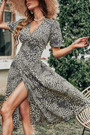 Summer New Stylish Leopard Print V-Neck High Slit Short Sleeve Sexy Midi Dress