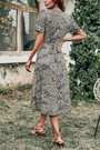 Summer New Stylish Leopard Print V-Neck High Slit Short Sleeve Sexy Midi Dress
