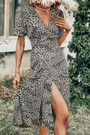 Summer New Stylish Leopard Print V-Neck High Slit Short Sleeve Sexy Midi Dress