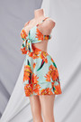 Summer New Stylish Micro Elastic Batch Printing Hollow Lace-Up Sling Backless Zip-Up Sexy Mini Dress