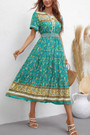 Summer New Stylish Micro Elastic Floral Batch Printing Single-Breasted Short Sleeves V-Neck Casual Midi Dress