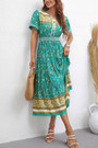 Summer New Stylish Micro Elastic Floral Batch Printing Single-Breasted Short Sleeves V-Neck Casual Midi Dress