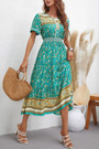 Summer New Stylish Micro Elastic Floral Batch Printing Single-Breasted Short Sleeves V-Neck Casual Midi Dress