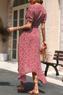 Summer New Stylish Micro Elastic Floral Batch Printing V-Neck Single-Breasted Split Casual Midi Dress