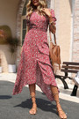 Summer New Stylish Micro Elastic Floral Batch Printing V-Neck Single-Breasted Split Casual Midi Dress