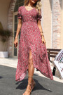 Summer New Stylish Micro Elastic Floral Batch Printing V-Neck Single-Breasted Split Casual Midi Dress