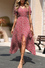 Summer New Stylish Micro Elastic Floral Batch Printing V-Neck Single-Breasted Split Casual Midi Dress