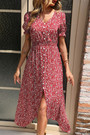 Summer New Stylish Micro Elastic Floral Batch Printing V-Neck Single-Breasted Split Casual Midi Dress