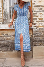 Summer New Stylish Micro Elastic Floral Printing V-Neck Single-Breasted Short Sleeves Split Casual Midi Dress