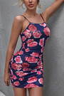 Summer New Stylish Micro Elastic Flower Batch Printing Shirring Sling Bodycon Sexy Mini Dress
