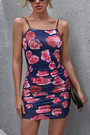 Summer New Stylish Micro Elastic Flower Batch Printing Shirring Sling Bodycon Sexy Mini Dress