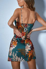 Summer New Stylish Satin Inelastic Flower & Leaf Batch Printing Backless Zip-Up Slim Sexy Mini Dress