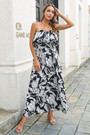 Summer New Stylish Simple Batch Printing Inelastic Strapless Loose Casual Maxi Dress