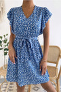 Summer New Stylish Simple Batch Printing Inelastic V-Neck Casual Midi Dress(With Belt)