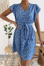 Summer New Stylish Simple Batch Printing Inelastic V-Neck Casual Midi Dress(With Belt)