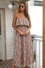 Summer New Stylish Simple Floral Batch Printing Inelastic Strapless Loose Casual Maxi Dress